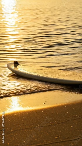 Serene beach scene featuring a surfboard resting on the golden sand with gentle waves at sunset or sunrise