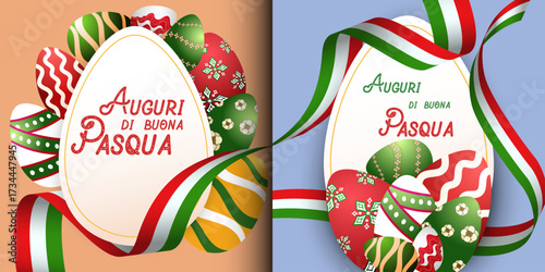 Happy Easter holiday in Italian text greeting cards, banner, poster, flyer, presentation, brochure, templates set, background. Easter eggs garlands red, green, white colors, flag of Italy