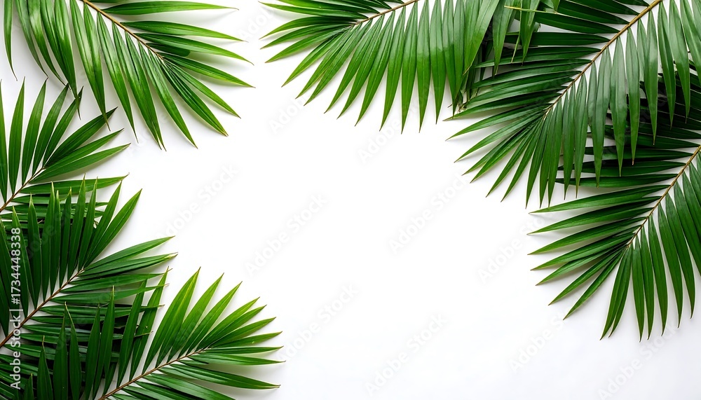 Naklejka premium Lush Green Palm Fronds Frame on White Background Tropical with Summer Vibes.