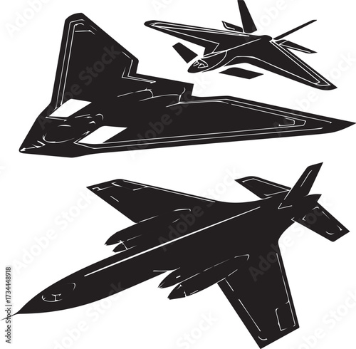 stealth bomber and emblem vector set showing b2 raptor b1 silhouettes for aircraft design presentations