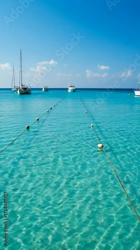 Serene turquoise ocean with boats floating under a clear blue sky on a sunny day in tropical paradise