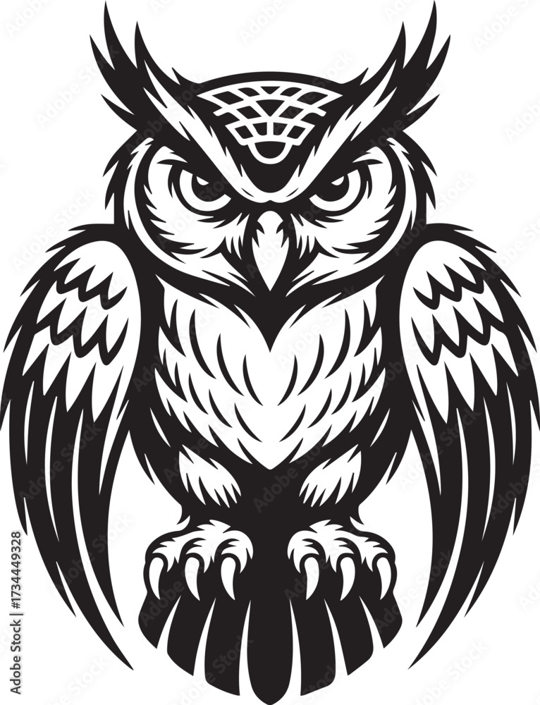 Obraz premium fierce owl vector art front-facing symmetrical ornamental design ideal for logo emblem and branding projects