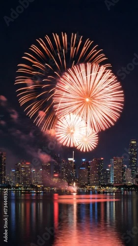 Spectacular fireworks display over the city skyline reflecting in the water at night event celebration with vibrant colors