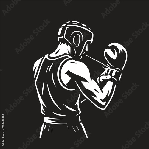 simple black and white vector illustration of boxer wearing protective headgear He is in the gesture of putting on his boxing gloves