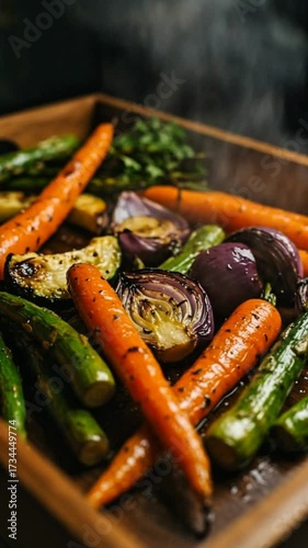 Steaming roasted vegetables with carrots, asparagus, and red onions on a wooden platter for a healthy and appetizing meal