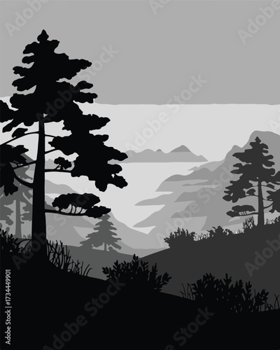 serene layered mountain landscape vector in grayscale with tree silhouettes and atmospheric depth, ai eps jpeg png