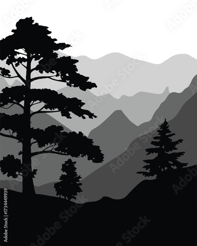 minimalist grayscale mountain ridges with foreground trees and misty atmosphere vector for backgrounds and wallpaper
