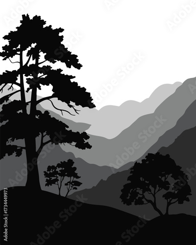 tranquil nature silhouette scene layered mountains rolling hills solitary tree vector ai eps jpeg png