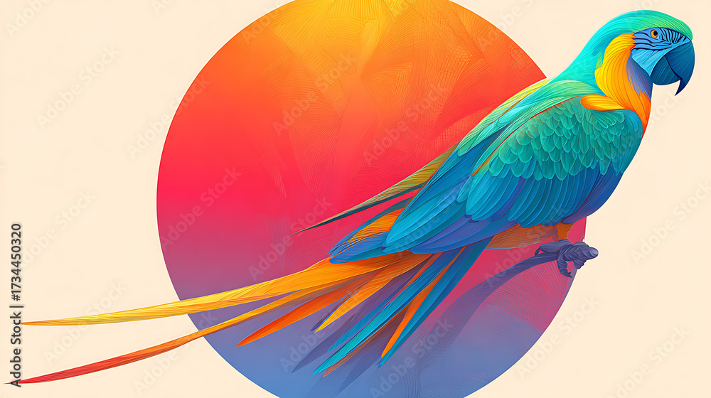 Obraz premium Vibrant Blue and Yellow Macaw Parrot Against a Gradient Circle bird tropical
