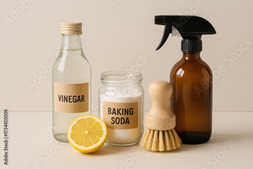 Cleaning supplies including vinegar, baking soda, and a scrub brush arranged on a light background for natural cleaning solutions