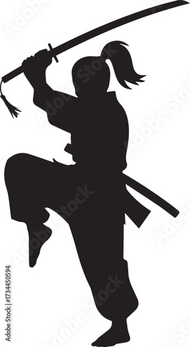 samurai silhouette with katana high stance dynamic martial arts pose traditional gi warrior illustration