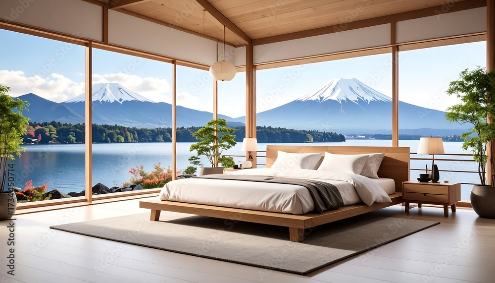 Fototapeta premium Luxury bedroom with stunning view of Mount Fuji with Japan, and serene and cozy.