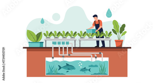 Hydroponic Farming System with Fish Tank and Plants.