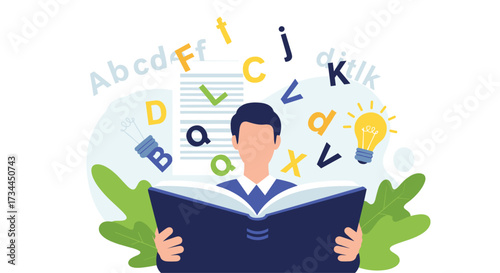 Man Reading Book With Letters and Lightbulb Floating Around.
