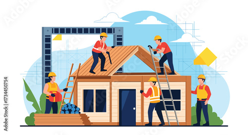 Construction workers building a house roof with tools and materials.