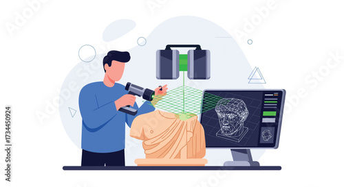 Man Scanning Sculpture with 3D Scanner Technology.