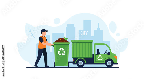 Sanitation worker collecting trash with a garbage truck.