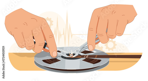 Hands threading tape onto reel to reel audio recorder.