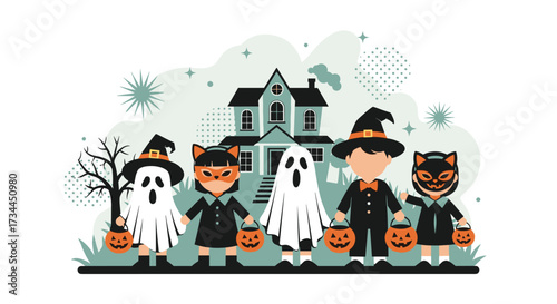 Children in Halloween costumes trick or treating in front of a haunted house.