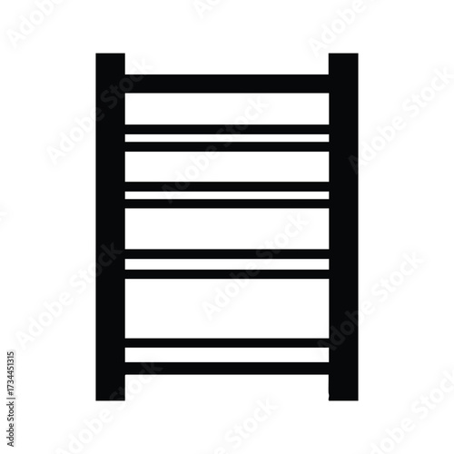 Black metal ladder with multiple rungs and side supports, standing vertically against a plain