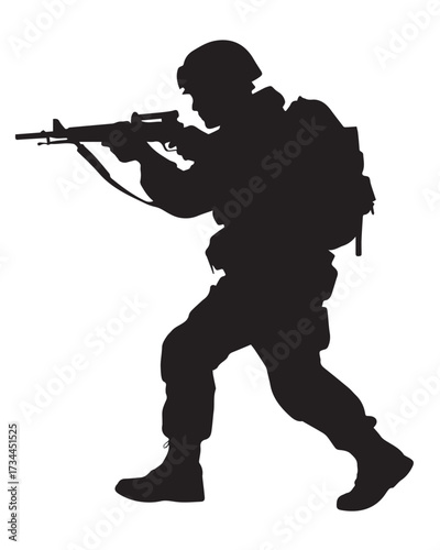 black silhouette of a combat soldier aiming rifle tactical soldier vector for security defense and warfare designs