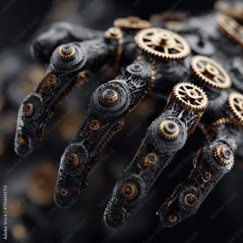 Obraz premium Intricate Close-Up of Interlocking Gears in a 3D Render with Human-Like Hands Showcasing Mechanical Artistry and Precision Craftsmanship