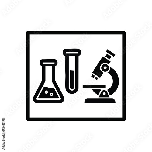 Laboratory equipment including a flask test tube and microscope arranged on a for scientific research and experiments