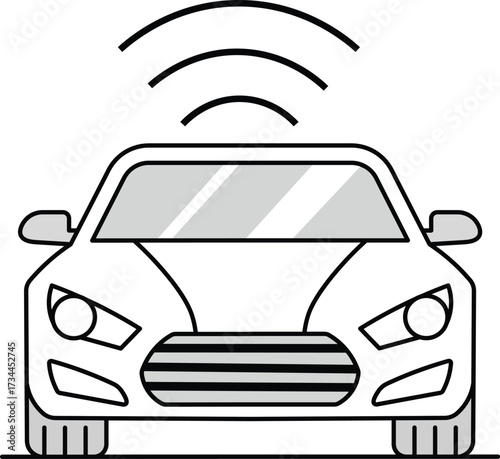 Front view of a gray and white self driving car with wifi signal auto vehicle