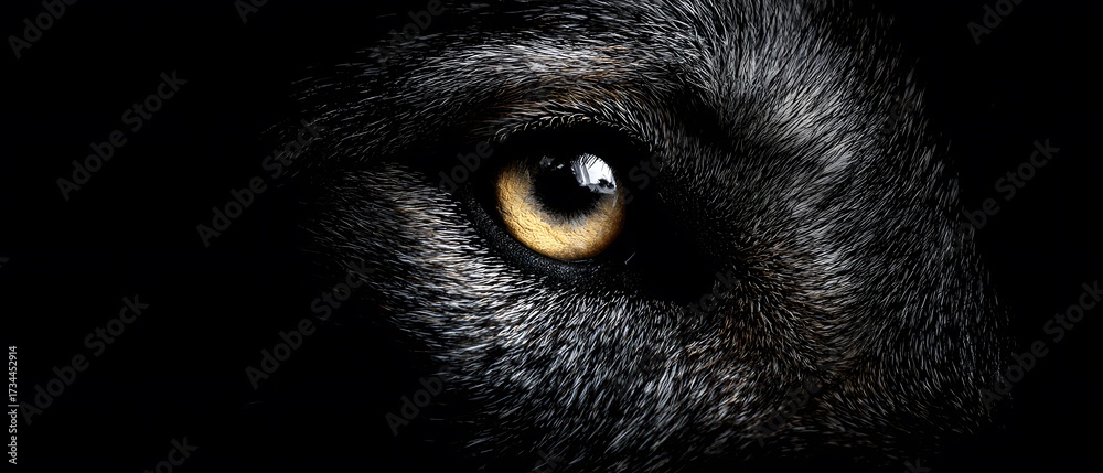 Fototapeta premium shot reveals a striking eye with golden iris against a backdrop of dark fur, demonstrating the detailed texture and captivating gaze, creating an evocative, intense expression.