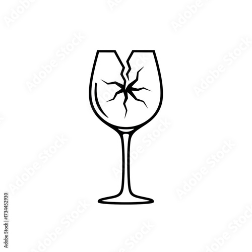 A simple line art icon of a cracked wine glass, symbolizing fragility, damage, or the shipping warning "Handle with Care." Minimalist and impactful design.