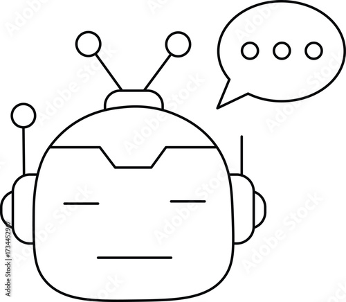 Black and white outline of a robot head with a speech bubble artificial intelligence technology