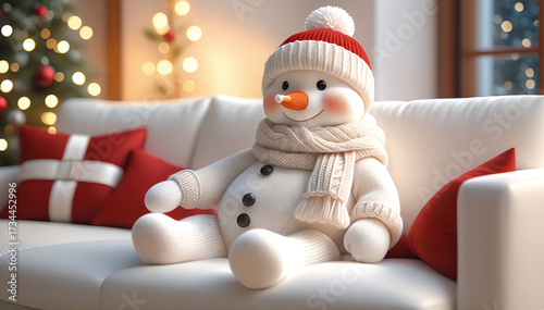 A snowman wearing a scarf and knit hat relaxes on a living room sofa. A room decorated for Christmas, Christmas tree.マフラーとニット帽をつけた雪だるまがリビングのソファでくつろぐ。クリスマスの飾りがされた部屋,クリスマスツリー
