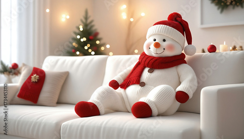 A snowman wearing a scarf and knit hat relaxes on a living room sofa. A room decorated for Christmas, Christmas tree.マフラーとニット帽をつけた雪だるまがリビングのソファでくつろぐ。クリスマスの飾りがされた部屋,クリスマスツリー