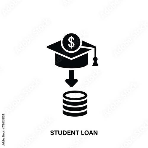 Student loan concept with graduation cap and dollar sign above a stack of coins symbolizing financial aid for education