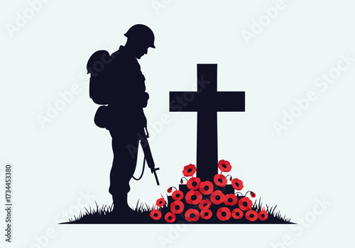 Remembrance Day Memorial Ceremony Honoring Veterans and Fallen Soldiers with Poppies and Cross