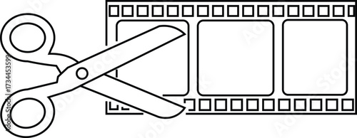 Scissors cutting film strip with blank frames on white background movie cinema