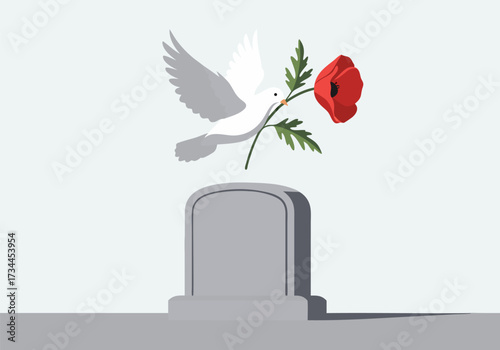 Peaceful Dove Carrying Poppy Over Memorial Stone for Remembrance Day Ceremony Honoring Veterans