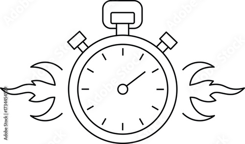 Black line art stopwatch with flame accents on white background time speed