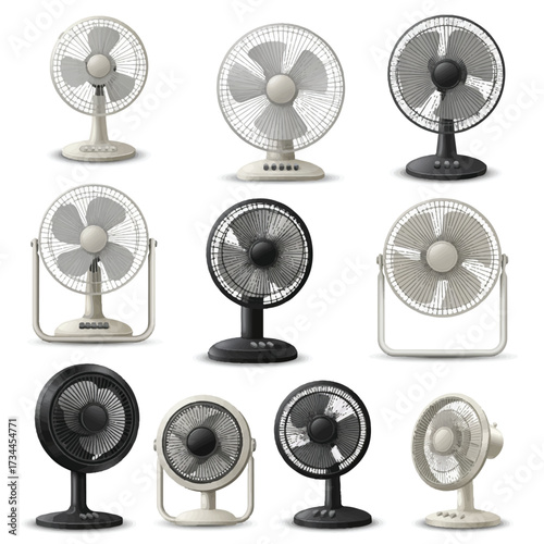 A stunning collection of realistic 3D vector illustrations showcasing various modern table fans neatly arranged on a clean, plain white background, perfect for product catalogs.