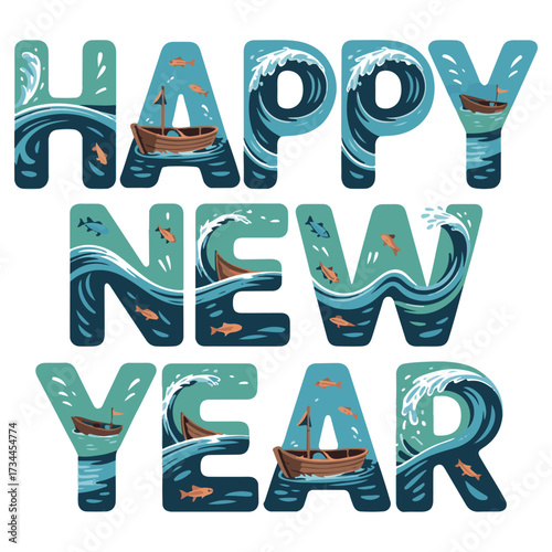 Happy new year text with ocean waves boats and fish inside the letters on a white background