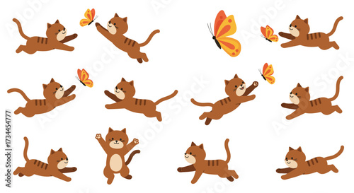 Brown tabby cats chasing orange and yellow butterflies across a white background