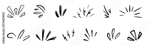 Comic explosion twinkle . Hand drawn doodle burst manga effect with line, and sparkle rays shine. Crayon surprise element, expressive starburst and chalk sun highlight for design accent. Vector