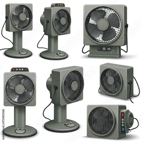 A collection of realistic 3D vector illustrated box fans, meticulously rendered with precise details and modern aesthetics, presented individually on a clean white background.