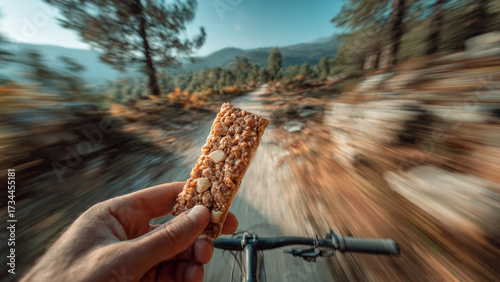 Pov of hand holding protein snack bar while fast cycling on an outdoor mountain trail, an energetic moment of fueling