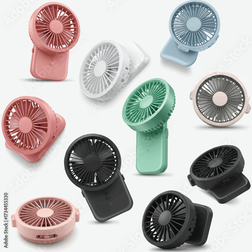 Realistic 3D vector illustration of a collection of portable rechargeable mini fans displayed neatly on a clean white background, highlighting their compact and modern form.