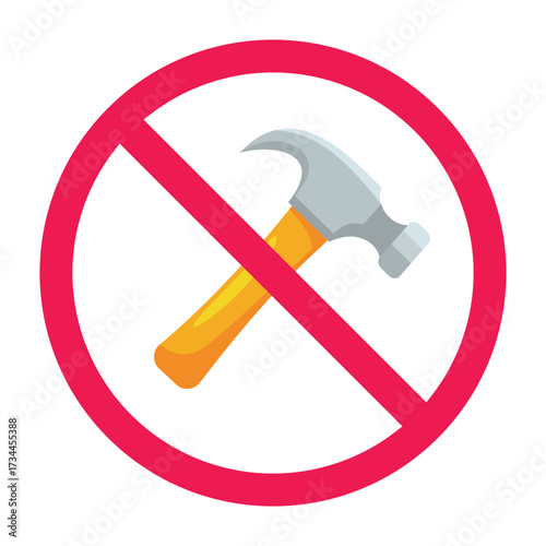 No hammer sign, forbidden hammer sign, do not use hammer sign, red crossed circle symbol, vector illustration