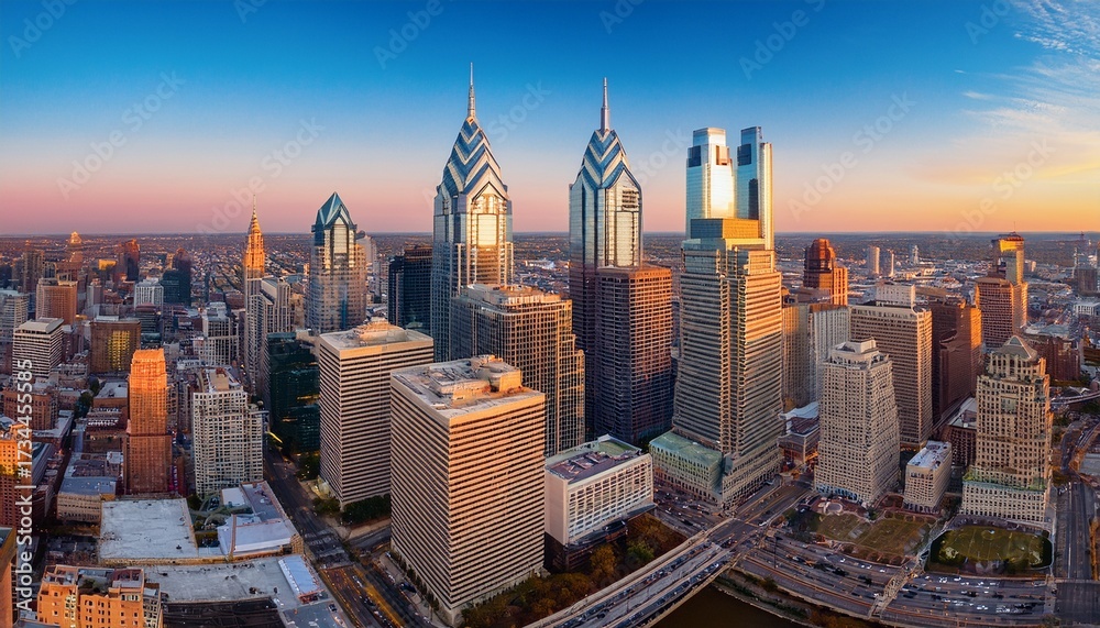 Obraz premium philadelphia skyline photography stunning cityscape images at golden hour aerial view panoramic cityscape high resolution photos