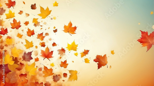 autumn leaves floating mid air template copy space background.Falling autumnal leaves.