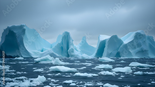 Melting iceberg floating in the sea. Polar glacier melting. Global warming concept.