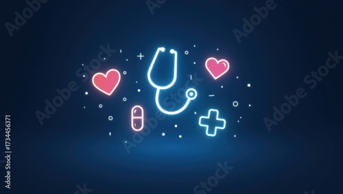 Floating icons of stethoscope, heart, medical cross, and pill capsule, symbolizing healthcare, medical services, and digital health technology.